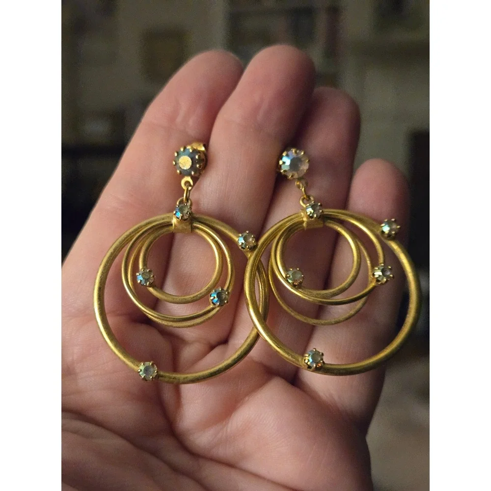 Avon Goldtone Triple Hoop AB Rhinestone Dangle Pierced  Earrings Vintage